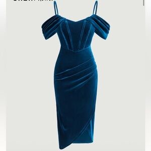 SHEIN One Shoulder Blue Velvet Dress